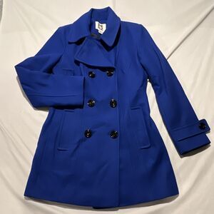 Anne Klein Blue Wool Blend Pea Coat Double Breasted Lined Pockets Size S